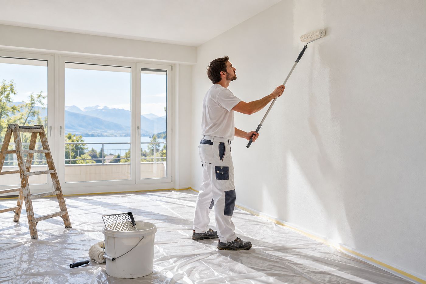 Maler streicht eine Wand in einer hellen Wohnung mit Seesicht