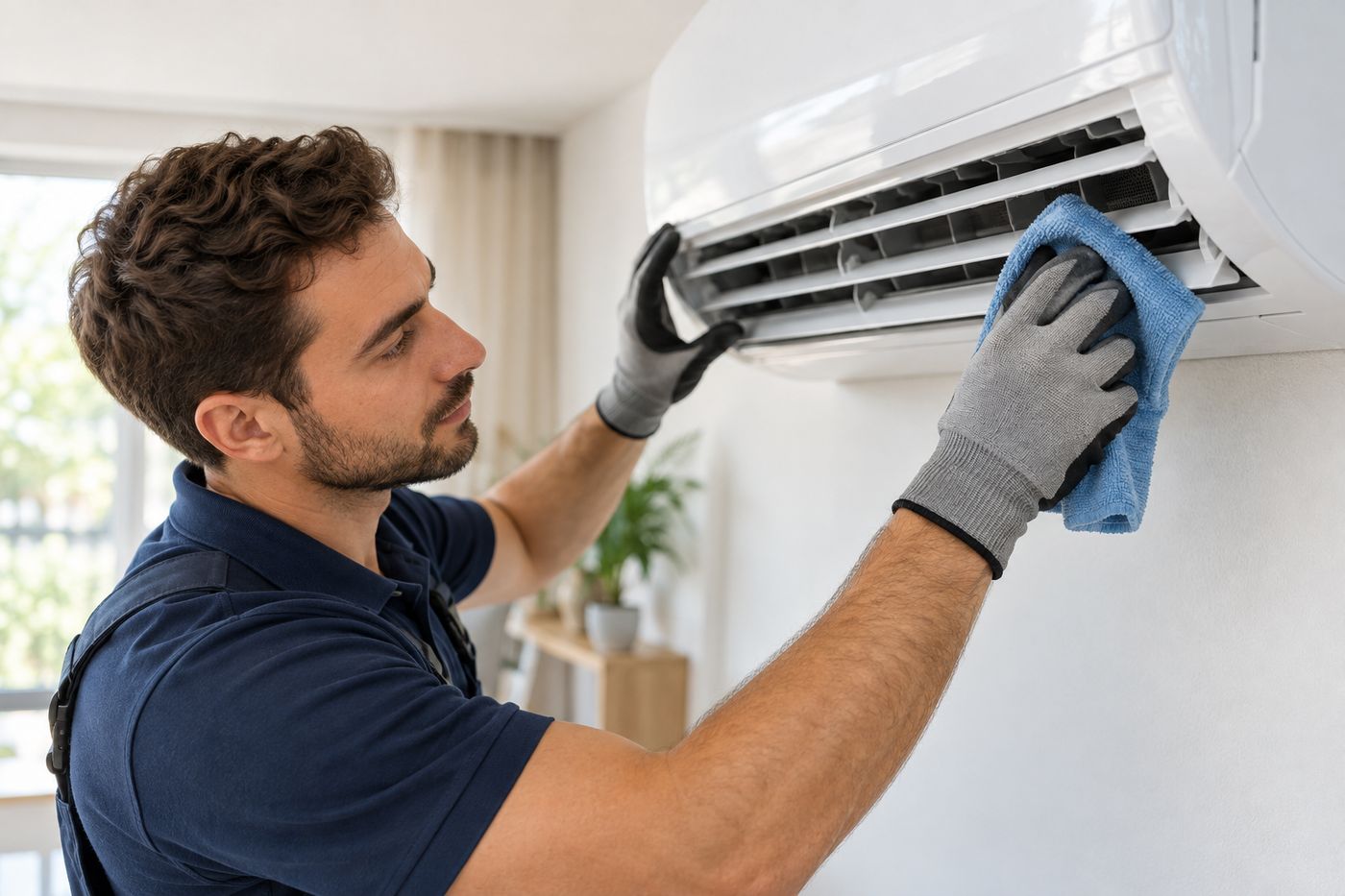 Klimagerät wird mit einem Mikrofasertuch gereinigt