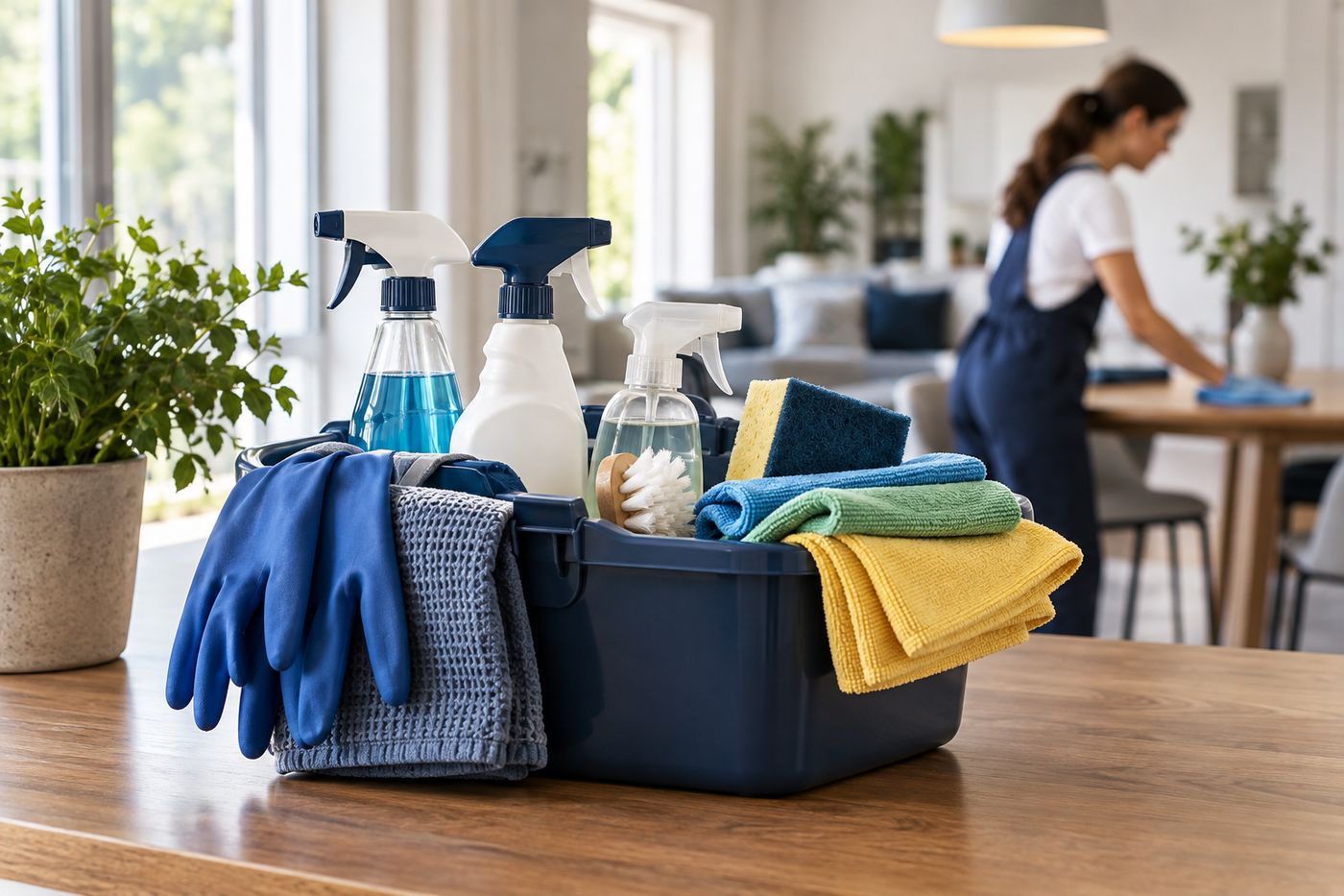 Reinigungsmittel, Tücher und Handschuhe in einer Box