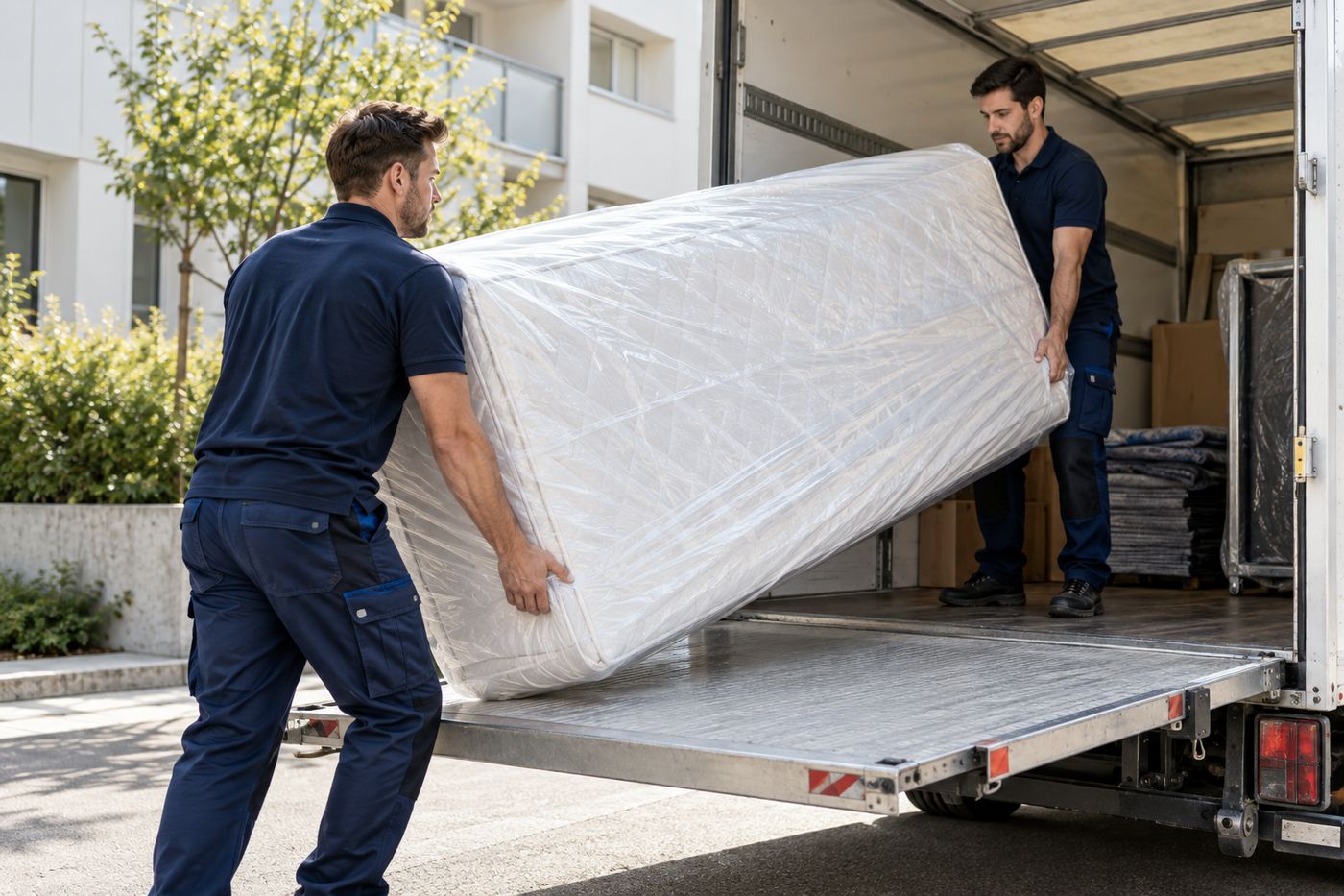 Zügelteam lädt eine eingepackte Matratze auf den Lastwagen