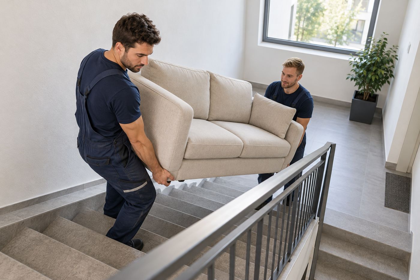 Zwei Zügelmänner tragen ein Sofa durchs Treppenhaus